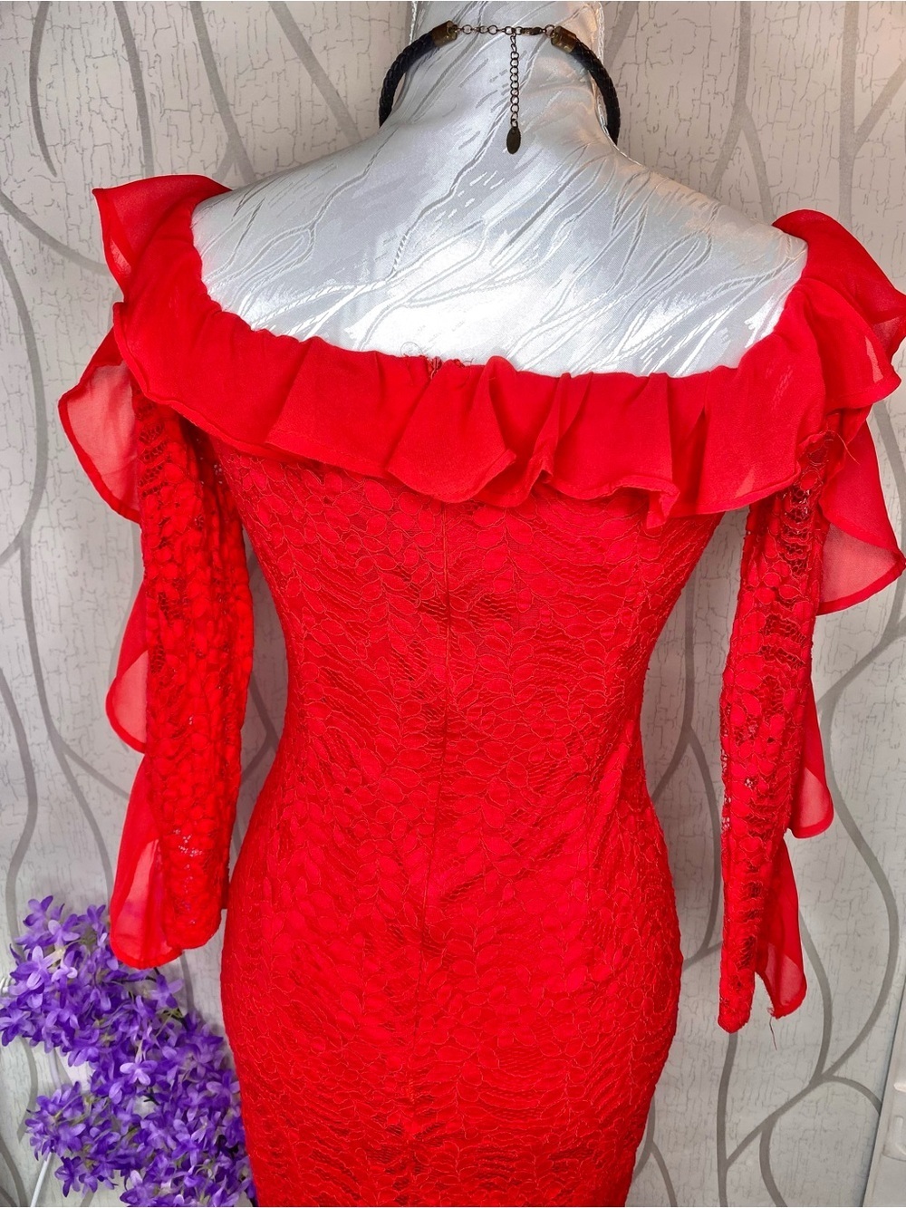 🌹Sexy Vibrant Red Lace Off Shoulder Dress with Chiffon Ruffle Trim 🌹 CBR - Picture 11 of 11